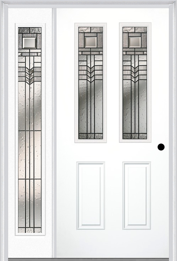 MMI 2-1/2 Lite 2 Panel 6'8" Fiberglass Smooth Oak Park Patina Exterior Prehung Door With 1 Full Lite Oak Park Patina Decorative Glass Sidelight 692